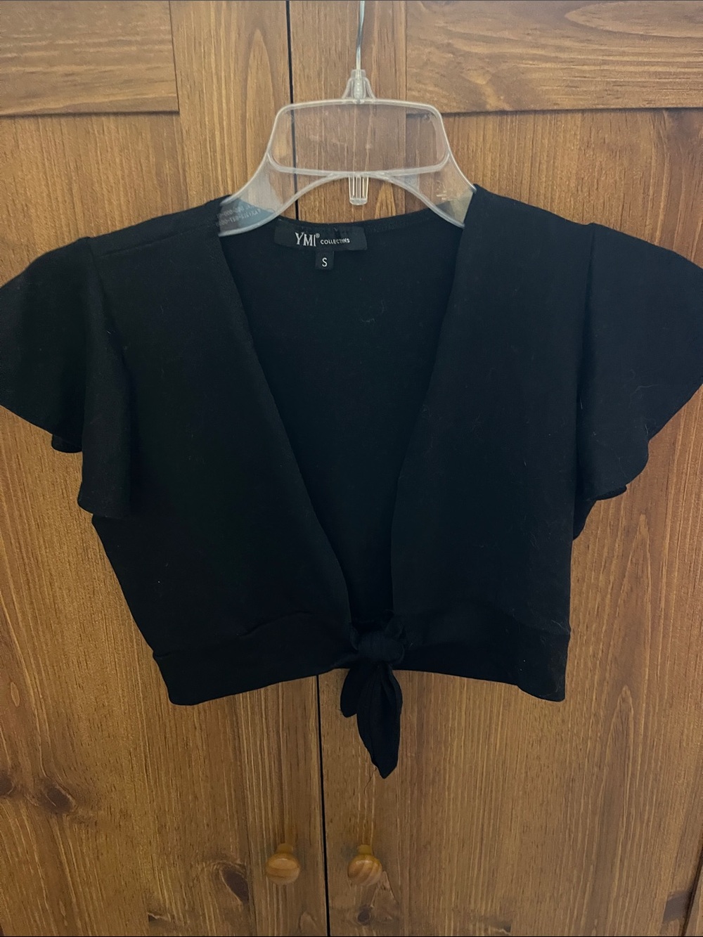 YMI Black Tie-Front Flutter Sleeve Crop Top